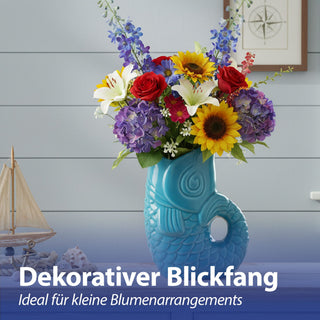 Vase Fisch 'Blubb' 12x13x7cm Dolomit weiß/blau/türkis Blumenvase Dekovase Tischvase Fischform Fischmaul Henkel