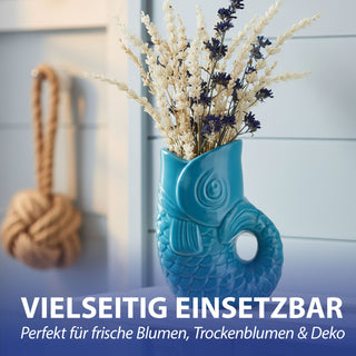 Vase Fisch 'Blubb' 13,5x21x9cm Dolomit türkis Blumenvase Dekovase Tischvase Fischform Fischmaul Henkel