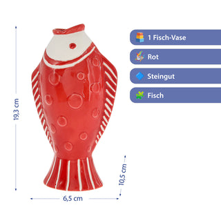 Vase Fisch 'Blütenfisch' 7,5x19x10cm Steingut rot Blumenvase Dekovase Tischvase Fischform Fischmaul maritim Wohnaccessoire