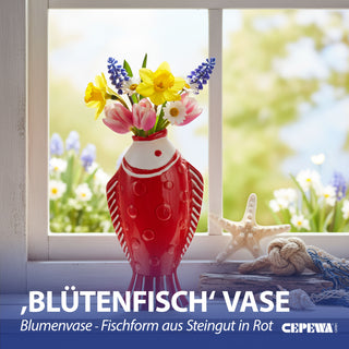 Vase Fisch 'Blütenfisch' 7,5x19x10cm Steingut rot Blumenvase Dekovase Tischvase Fischform Fischmaul maritim Wohnaccessoire
