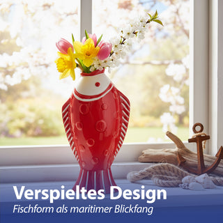 Vase Fisch 'Blütenfisch' 7,5x19x10cm Steingut rot Blumenvase Dekovase Tischvase Fischform Fischmaul maritim Wohnaccessoire