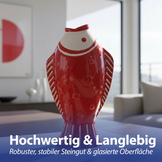 Vase Fisch 'Blütenfisch' 7,5x19x10cm Steingut rot Blumenvase Dekovase Tischvase Fischform Fischmaul maritim Wohnaccessoire