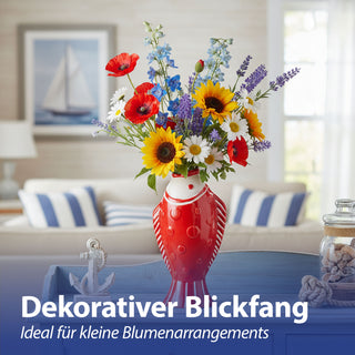 Vase Fisch 'Blütenfisch' 7,5x19x10cm Steingut rot Blumenvase Dekovase Tischvase Fischform Fischmaul maritim Wohnaccessoire