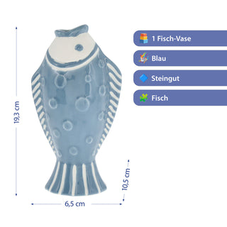 Vase Fisch 'Blütenfisch' 7,5x19x10cm Steingut blau Blumenvase Dekovase Tischvase Fischform Fischmaul maritim Wohnaccessoire