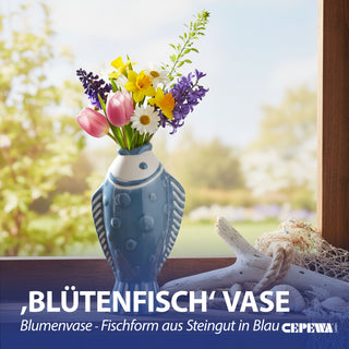 Vase Fisch 'Blütenfisch' 7,5x19x10cm Steingut blau Blumenvase Dekovase Tischvase Fischform Fischmaul maritim Wohnaccessoire