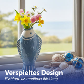 Vase Fisch 'Blütenfisch' 7,5x19x10cm Steingut blau Blumenvase Dekovase Tischvase Fischform Fischmaul maritim Wohnaccessoire