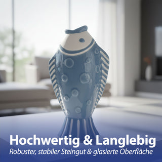 Vase Fisch 'Blütenfisch' 7,5x19x10cm Steingut blau Blumenvase Dekovase Tischvase Fischform Fischmaul maritim Wohnaccessoire