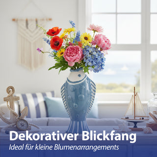 Vase Fisch 'Blütenfisch' 7,5x19x10cm Steingut blau Blumenvase Dekovase Tischvase Fischform Fischmaul maritim Wohnaccessoire