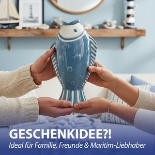 Vase Fisch 'Blütenfisch' 7,5x19x10cm Steingut blau Blumenvase Dekovase Tischvase Fischform Fischmaul maritim Wohnaccessoire