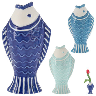 Vase Fisch 3er Set 'Blütenfisch' 5x15x8cm Steingut hellblau türkis hellblau Blumenvase Dekovase Tischvase Fischform Fischmaul maritim Wohnaccessoire