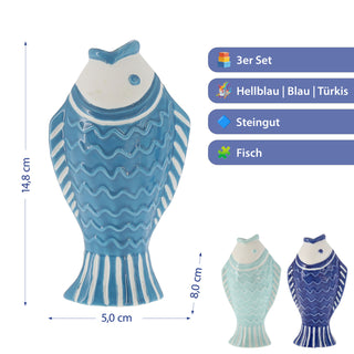Vase Fisch 3er Set 'Blütenfisch' 5x15x8cm Steingut hellblau türkis hellblau Blumenvase Dekovase Tischvase Fischform Fischmaul maritim Wohnaccessoire