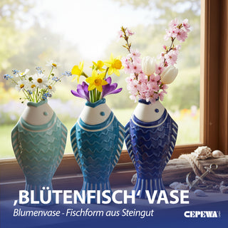 Vase Fisch 3er Set 'Blütenfisch' 5x15x8cm Steingut hellblau türkis hellblau Blumenvase Dekovase Tischvase Fischform Fischmaul maritim Wohnaccessoire