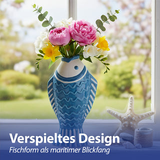 Vase Fisch 3er Set 'Blütenfisch' 5x15x8cm Steingut hellblau türkis hellblau Blumenvase Dekovase Tischvase Fischform Fischmaul maritim Wohnaccessoire