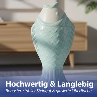 Vase Fisch 3er Set 'Blütenfisch' 5x15x8cm Steingut hellblau türkis hellblau Blumenvase Dekovase Tischvase Fischform Fischmaul maritim Wohnaccessoire