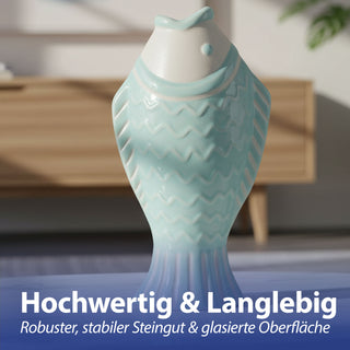 Vase Fisch 3er Set 'Blütenfisch' 5x15x8cm Steingut hellblau türkis hellblau Blumenvase Dekovase Tischvase Fischform Fischmaul maritim Wohnaccessoire