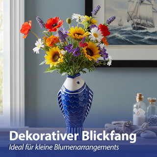 Vase Fisch 3er Set 'Blütenfisch' 5x15x8cm Steingut hellblau türkis hellblau Blumenvase Dekovase Tischvase Fischform Fischmaul maritim Wohnaccessoire