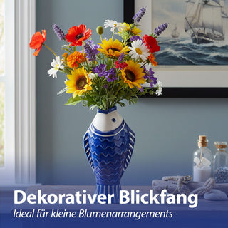 Vase Fisch 3er Set 'Blütenfisch' 5x15x8cm Steingut hellblau türkis hellblau Blumenvase Dekovase Tischvase Fischform Fischmaul maritim Wohnaccessoire