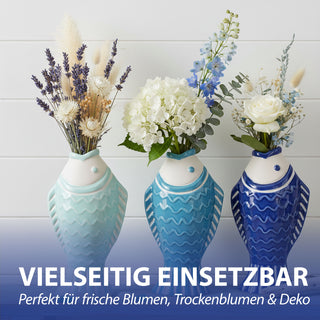 Vase Fisch 3er Set 'Blütenfisch' 5x15x8cm Steingut hellblau türkis hellblau Blumenvase Dekovase Tischvase Fischform Fischmaul maritim Wohnaccessoire
