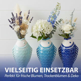 Vase Fisch 3er Set 'Blütenfisch' 5x15x8cm Steingut hellblau türkis hellblau Blumenvase Dekovase Tischvase Fischform Fischmaul maritim Wohnaccessoire