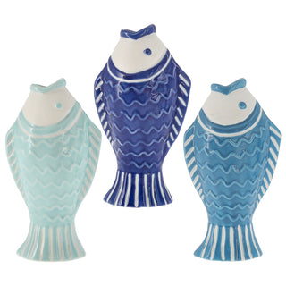 Vase Fisch 3er Set 'Blütenfisch' 5x15x8cm Steingut hellblau türkis hellblau Blumenvase Dekovase Tischvase Fischform Fischmaul maritim Wohnaccessoire