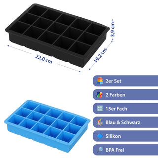 Eiswürfelform 2er Set 19x22x4cm Silikon schwarz blau Gefrierform Küchenzubehör Eiswürfelmaker BPA frei lebensmittelecht 15 Würfel