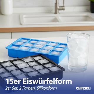 Eiswürfelform 2er Set 19x22x4cm Silikon schwarz blau Gefrierform Küchenzubehör Eiswürfelmaker BPA frei lebensmittelecht 15 Würfel