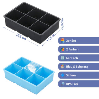 Eiswürfelform 2er Set 17x5x12cm Silikon schwarz blau Gefrierform für XL Würfel Küchenzubehör Eiswürfelmaker BPA frei lebensmittelecht 6 Würfel