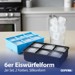 Eiswürfelform 2er Set 17x5x12cm Silikon schwarz blau Gefrierform für XL Würfel Küchenzubehör Eiswürfelmaker BPA frei lebensmittelecht 6 Würfel