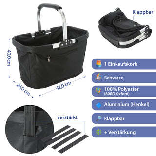 Einkaufskorb faltbar schwarz Aluminium Polyester 600D 42x40x28cm Korb Tragekorb Shopper mit Griff Picknickkorb gestützter Boden verstärkt