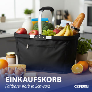 Einkaufskorb faltbar schwarz Aluminium Polyester 600D 42x40x28cm Korb Tragekorb Shopper mit Griff Picknickkorb gestützter Boden verstärkt