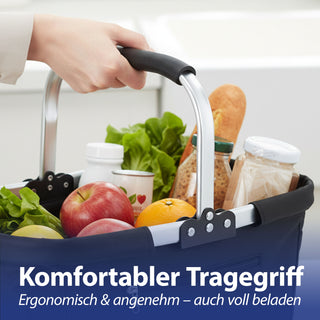 Einkaufskorb faltbar schwarz Aluminium Polyester 600D 42x40x28cm Korb Tragekorb Shopper mit Griff Picknickkorb gestützter Boden verstärkt