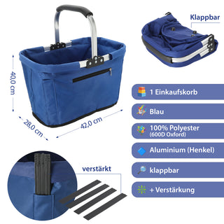 Einkaufskorb faltbar blau Aluminium Polyester 600D 42x40x28cm Korb Tragekorb Shopper mit Griff Picknickkorb gestützter Boden verstärkt