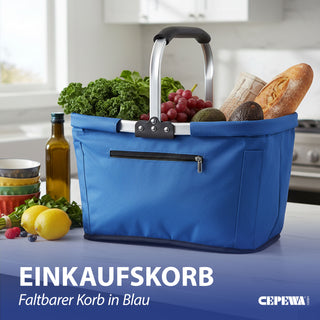 Einkaufskorb faltbar blau Aluminium Polyester 600D 42x40x28cm Korb Tragekorb Shopper mit Griff Picknickkorb gestützter Boden verstärkt