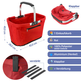 Einkaufskorb faltbar rot|blau|schwarz Aluminium Polyester 600D 42x40x28cm Korb Tragekorb Shopper mit Griff Picknickkorb gestützter Boden verstärkt