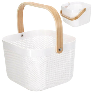 Aufbewahrungskorb mit Henkel 2er Set Kunststoff Birkenholz 24x18cm weiß natur Utensilienkorb Henkelkorb Gitterkorb Aufbewahrungsbox für Bad oder Küche