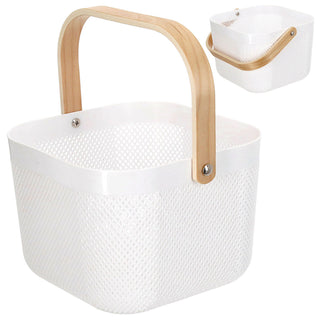 Aufbewahrungskorb mit Henkel 2er Set Kunststoff Birkenholz 24x18cm weiß natur Utensilienkorb Henkelkorb Gitterkorb Aufbewahrungsbox für Bad oder Küche