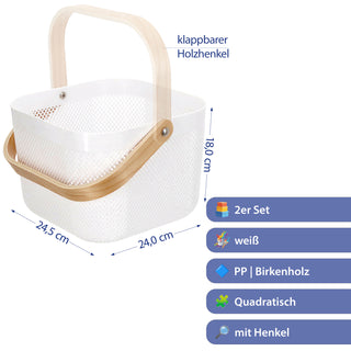 Aufbewahrungskorb mit Henkel 2er Set Kunststoff Birkenholz 24x18cm weiß natur Utensilienkorb Henkelkorb Gitterkorb Aufbewahrungsbox für Bad oder Küche