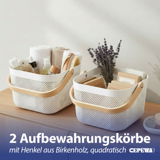 Aufbewahrungskorb mit Henkel 2er Set Kunststoff Birkenholz 24x18cm weiß natur Utensilienkorb Henkelkorb Gitterkorb Aufbewahrungsbox für Bad oder Küche
