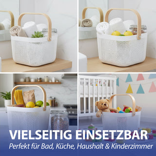 Aufbewahrungskorb mit Henkel 2er Set Kunststoff Birkenholz 24x18cm weiß natur Utensilienkorb Henkelkorb Gitterkorb Aufbewahrungsbox für Bad oder Küche