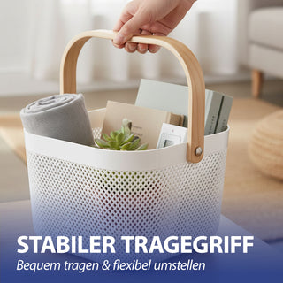 Aufbewahrungskorb mit Henkel 2er Set Kunststoff Birkenholz 24x18cm weiß natur Utensilienkorb Henkelkorb Gitterkorb Aufbewahrungsbox für Bad oder Küche