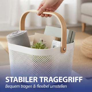 Aufbewahrungskorb mit Henkel 2er Set Kunststoff Birkenholz 24x18cm weiß natur Utensilienkorb Henkelkorb Gitterkorb Aufbewahrungsbox für Bad oder Küche