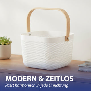 Aufbewahrungskorb mit Henkel 2er Set Kunststoff Birkenholz 24x18cm weiß natur Utensilienkorb Henkelkorb Gitterkorb Aufbewahrungsbox für Bad oder Küche