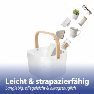 Aufbewahrungskorb mit Henkel 2er Set Kunststoff Birkenholz 24x18cm weiß natur Utensilienkorb Henkelkorb Gitterkorb Aufbewahrungsbox für Bad oder Küche