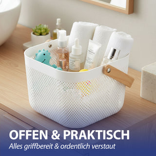 Aufbewahrungskorb mit Henkel 2er Set Kunststoff Birkenholz 24x18cm weiß natur Utensilienkorb Henkelkorb Gitterkorb Aufbewahrungsbox für Bad oder Küche