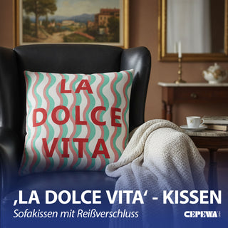 Kissen La Dolce Vita 45x45x8cm rot oder blau mehrfarbig Polyester 280g Polyesterfüllung Reißverschluss Kuschelkissen Wellendesign einseitig bedruckt