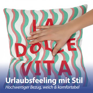 Kissen La Dolce Vita 45x45x8cm rot oder blau mehrfarbig Polyester 280g Polyesterfüllung Reißverschluss Kuschelkissen Wellendesign einseitig bedruckt