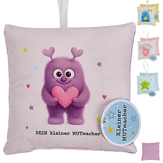 Mini Kissen Mutmacher 4er Set 12x12cm Baumwolle 40g Polyesterfüllung Reißverschluss Kuschelkissen einseitig bedruckt 4 Designs