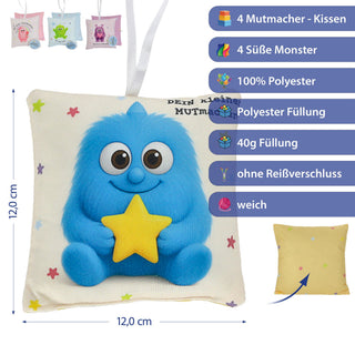 Mini Kissen Mutmacher 4er Set 12x12cm Baumwolle 40g Polyesterfüllung Reißverschluss Kuschelkissen einseitig bedruckt 4 Designs
