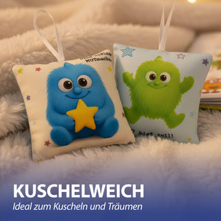 Mini Kissen Mutmacher 4er Set 12x12cm Baumwolle 40g Polyesterfüllung Reißverschluss Kuschelkissen einseitig bedruckt 4 Designs