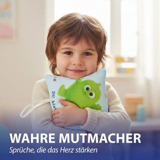 Mini Kissen Mutmacher 4er Set 12x12cm Baumwolle 40g Polyesterfüllung Reißverschluss Kuschelkissen einseitig bedruckt 4 Designs